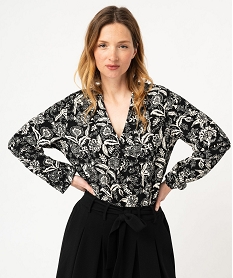 GEMO Tee-shirt à manches longues et col V en maille texturée femme Imprimé