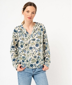 tee-shirt a manches longues imprime avec col boutonne femme vert t-shirts manches longuesF151501_1