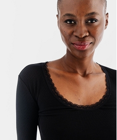 tee-shirt manches longues avec col rond en dentelle femme noir hauts de pyjamaF217901_2