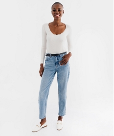 tee-shirt manches longues avec col rond en dentelle femme beige hauts de pyjamaF218001_2