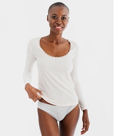 tee-shirt manches longues avec col rond en dentelle femme beige hauts de pyjamaF218001_3