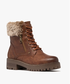 boots femme fourrees et crantees avec col duveteux a zip et a lacets brun bottines fourreesF283301_2