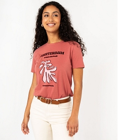 GEMO Tee-shirt manches courtes imprimé velours ras femme Rose