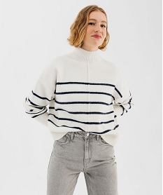 GEMO Pull col montant rayé avec couture sur l’avant femme raye noirecru