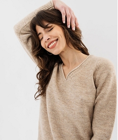 GEMO Pull col V avec finitions roulottées femme beige chine