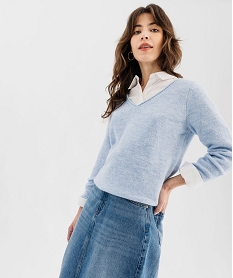GEMO Pull col V avec finitions roulottées femme bleu chine