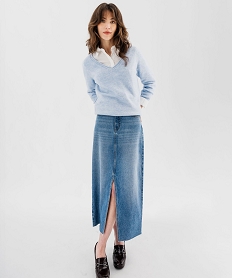 pull col v avec finitions roulottees femme bleu pullsF329901_4