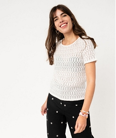 GEMO Tee-shirt manches courtes en maille de coton ajourée femme Beige