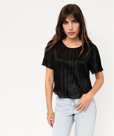 blouse a manches courtes en maille gaufree scintillante femme noir blousesF342001_1
