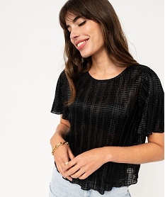 blouse a manches courtes en maille gaufree scintillante femme noir blousesF342001_2