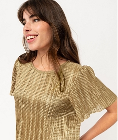 blouse a manches courtes en maille gaufree scintillante femme brun blousesF342201_2