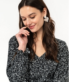 blouse manches longues en maille extensible texturee imprimee femme noir blousesF342801_2