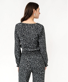 blouse manches longues en maille extensible texturee imprimee femme noirF342801_3