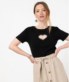 tee-shirt manches courtes en maille cotelee et ajouree femme noir t-shirts manches courtesF347901_1
