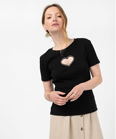 tee-shirt manches courtes en maille cotelee et ajouree femme noir t-shirts manches courtesF347901_2