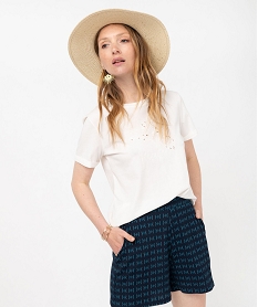 GEMO Tee-shirt manches courtes avec inscription brodée femme Beige
