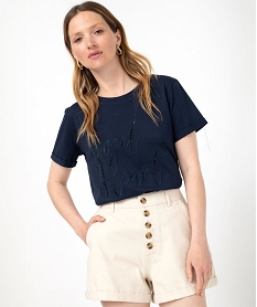 GEMO Tee-shirt manches courtes avec inscription brodée femme Bleu