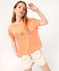 GEMO Tee-shirt manches courtes crop top avec motif brodé femme Blanc