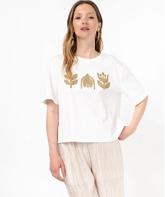 tee-shirt manches courtes crop top avec motif brode femme beige t-shirts manches courtesF351801_2