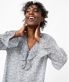 GEMO Blouse en voile à grand col V volanté femme imprime feuillage