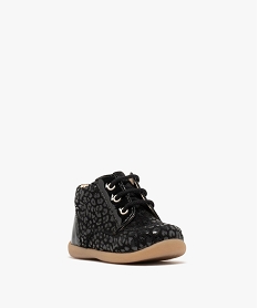 chaussures premiers pas bebe fille bottillons dessus en cuir motif leopard ton sur ton noir standardF365901_2