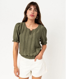 GEMO Tee-shirt manches courtes blousant à col fantaisie femme Vert