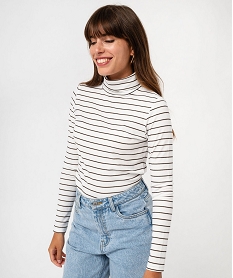 GEMO Tee-shirt manches longues à col roulé en maille côtelée rayée femme Imprimé