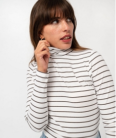 tee-shirt manches longues a col roule en maille cotelee rayee femme beige t-shirts manches longuesF386101_2