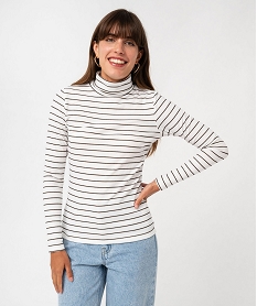 tee-shirt manches longues a col roule en maille cotelee rayee femme beige t-shirts manches longuesF386101_4