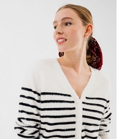 gilet raye avec col v en maille duveteuse femme beige giletsF430201_2