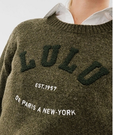 pull en maille avec inscriptions brodees femme - lulucastagnette kaki chine pullsF430301_2