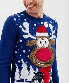 pull de noel imprime avec details lumineux homme bleu pullsF446801_2
