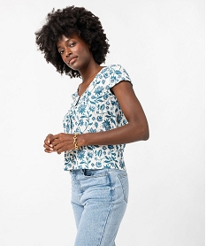 GEMO Tee-shirt manches très courtes à boutons en maille ajourée femme Blanc