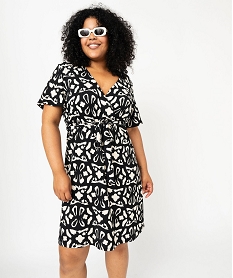 GEMO Robe cache-cœur manches courtes à ceinture femme grande taille Blanc