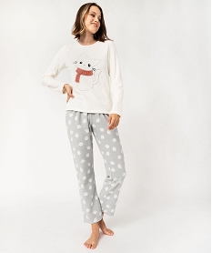 pyjama en maille peluche motif chat femme blanc pyjamas ensembles vestesF460201_2