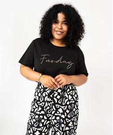 GEMO Tee-shirt à manches courtes avec motif brodé femme grande taille Noir