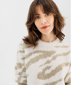 pull en maille duveteuse bicolore femme beige pullsF471101_2