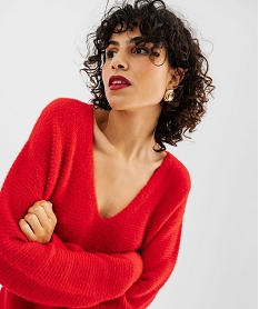 pull en maille douillette avec double encolure v femme rouge pullsF482601_2