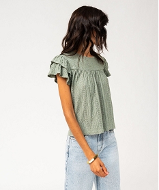 tee-shirt manches courtes en maille ajouree avec volants femme vert t-shirts manches courtesF488801_2