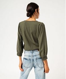 tee-shirt manches 34 en maille gaufree avec col v femme vert t-shirts manches longuesF489401_3