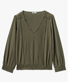 tee-shirt manches 34 en maille gaufree avec col v femme vert t-shirts manches longuesF489401_4