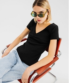 GEMO Tee-shirt manches courtes à col V froncé femme Noir