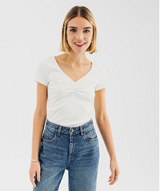 GEMO Tee-shirt manches courtes à col V froncé femme Beige