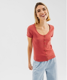 GEMO Tee-shirt à manches courtes et grand col rond femme Rose