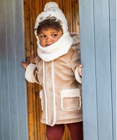 bonnet en maille torsadee doublee polaire avec pompon bebe fille beige standard accessoiresF505601_4