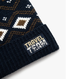 bonnet en maille jacquard a pompon et revers garcon bleu foulards echarpes et gantsF510401_2