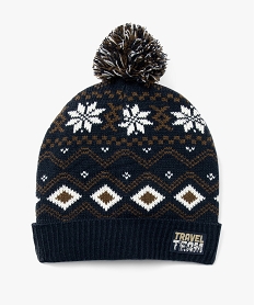 bonnet en maille jacquard a pompon et revers garcon bleu foulards echarpes et gantsF510401_3