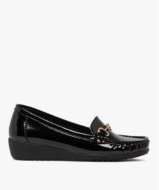 GEMO Mocassins femme confort à talon compensé et vernis avec bijou fantaisie noir standard