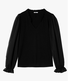 blouse unie avec manches longues en voile femme noir t-shirts manches longuesF646001_4