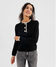 GEMO Pull à col boutonné et dentelle femme Noir